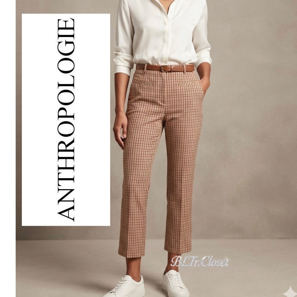 Anthropologie The Essential Slim Plaid Pants Tan Pink Side Zip Trousers‎ Size 10